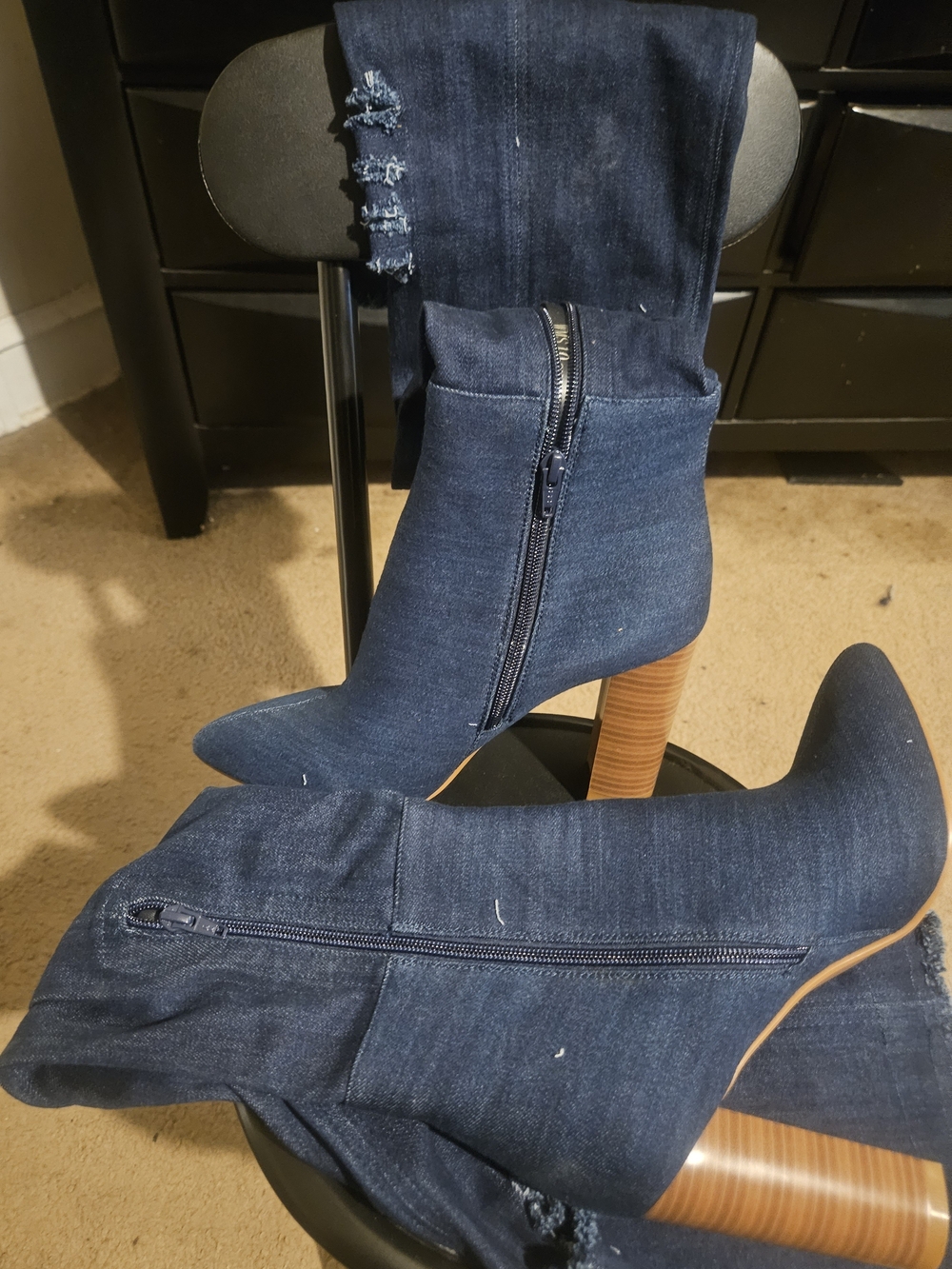 Women's Denim Sock Booties with Wooden Block Heel